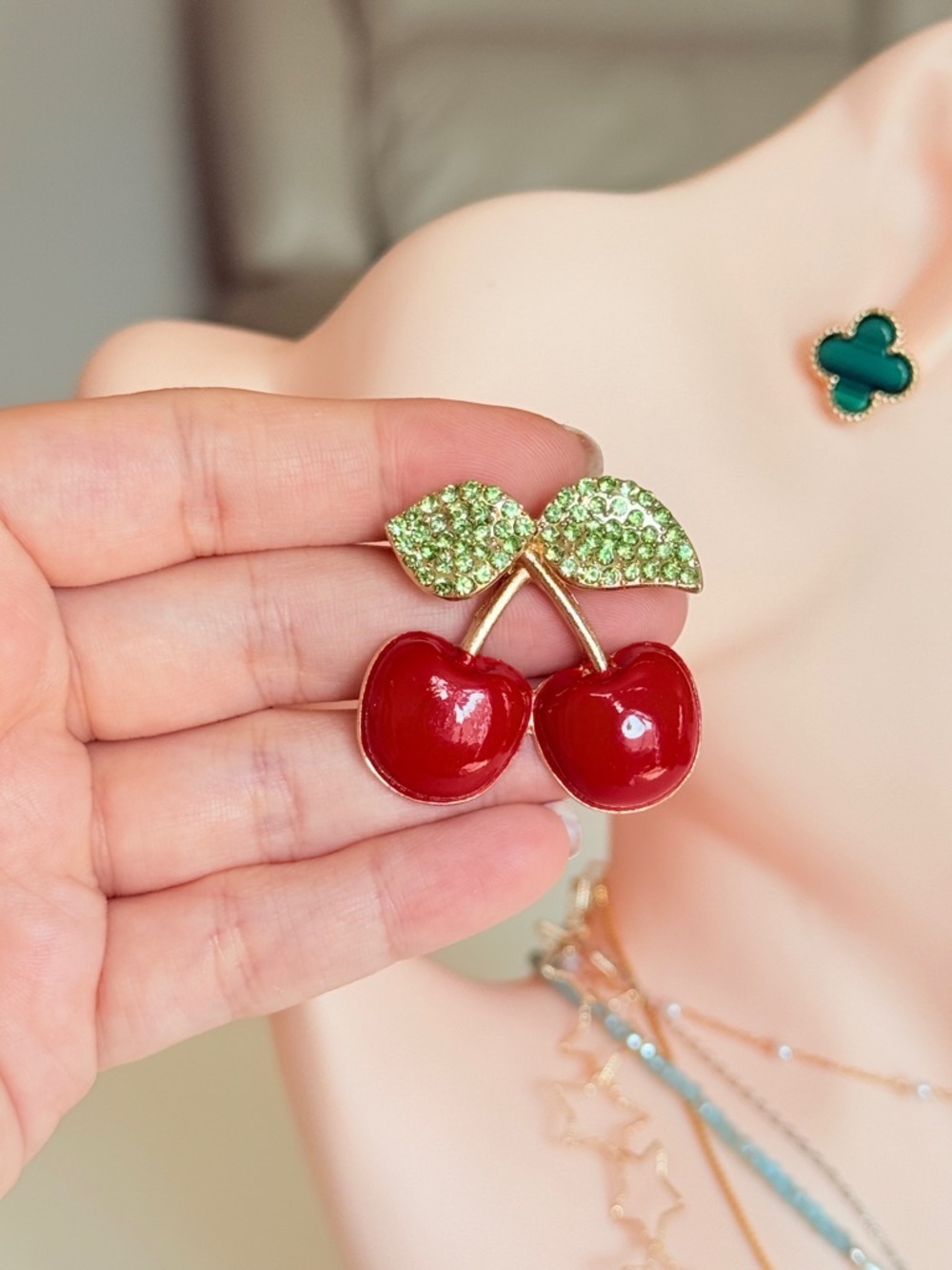 Green Leaf and Red Cherry with Crystal Pin Brooch